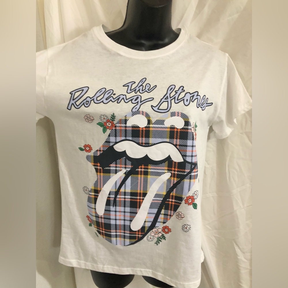 The Rolling stones blue black plaid multi iconic tongue & flowers white tshirt